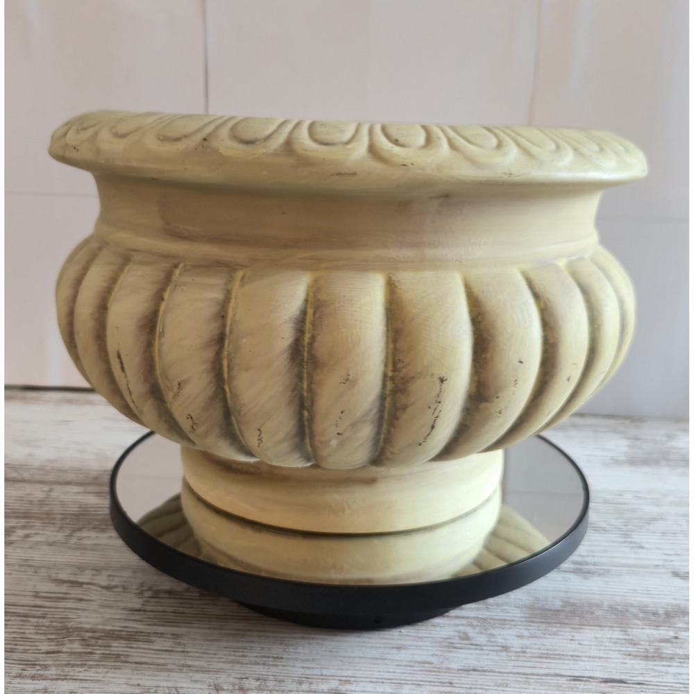 Vintage Cream Ceramic Melon Fluted Pedestal Planter Bowl 9.5in Terracotta